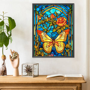 Glass Painting - Butterfly And Flower 30*40CM(Canvas) Full Round Drill Diamond Painting