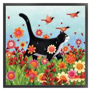 Black Cat With Flowers And Grass - 50*50CM 11CT Stamped Cross Stitch