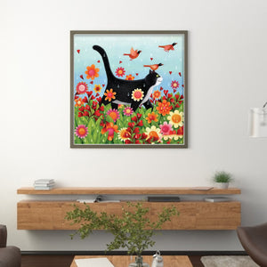 Black Cat With Flowers And Grass - 50*50CM 11CT Stamped Cross Stitch