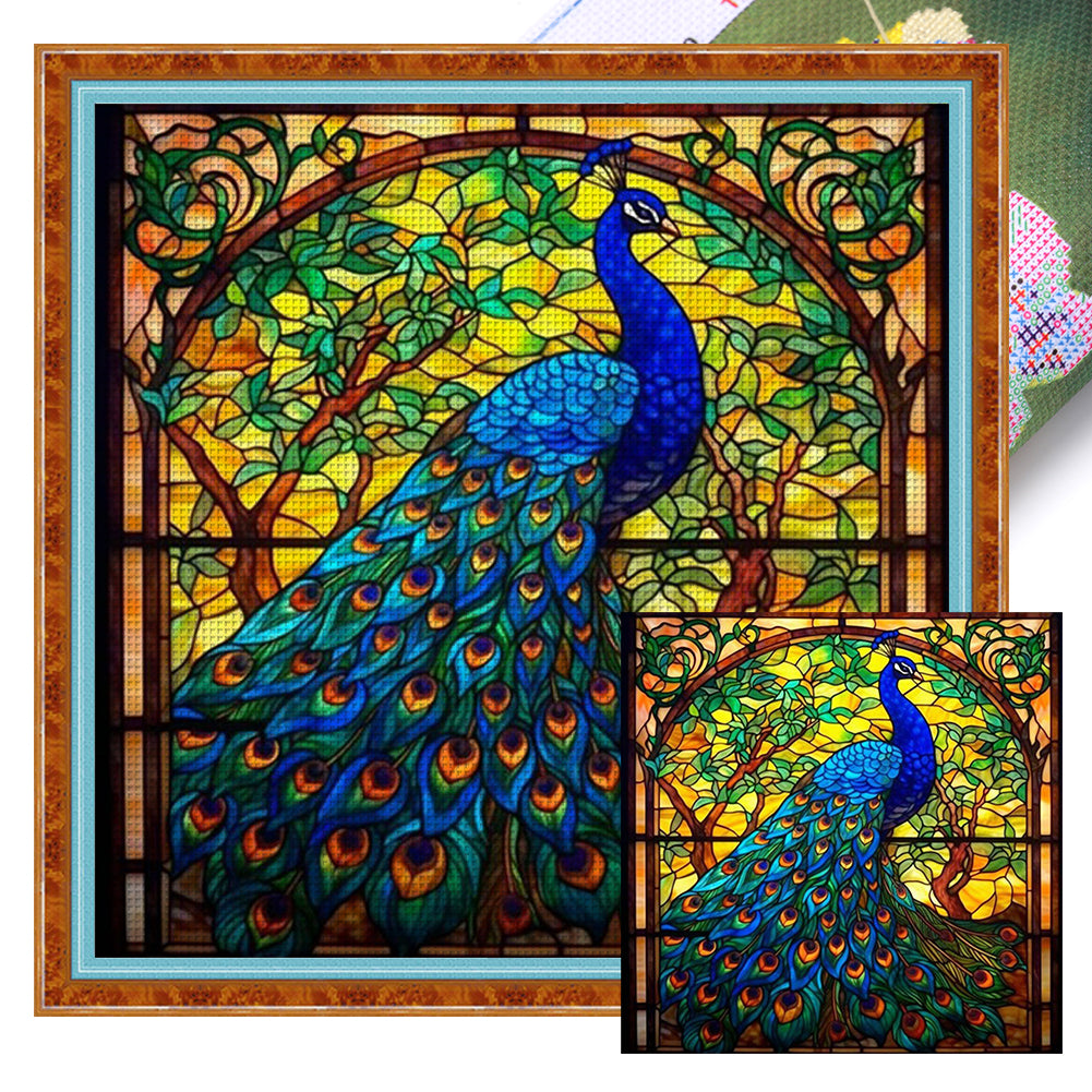 Glass Painting-Peacock - 40*40CM 14CT Stamped Cross Stitch