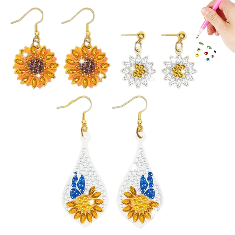 3 Pairs Double Sided Sunflower Butterfly Diamond Painting DIY Earring Making Kit