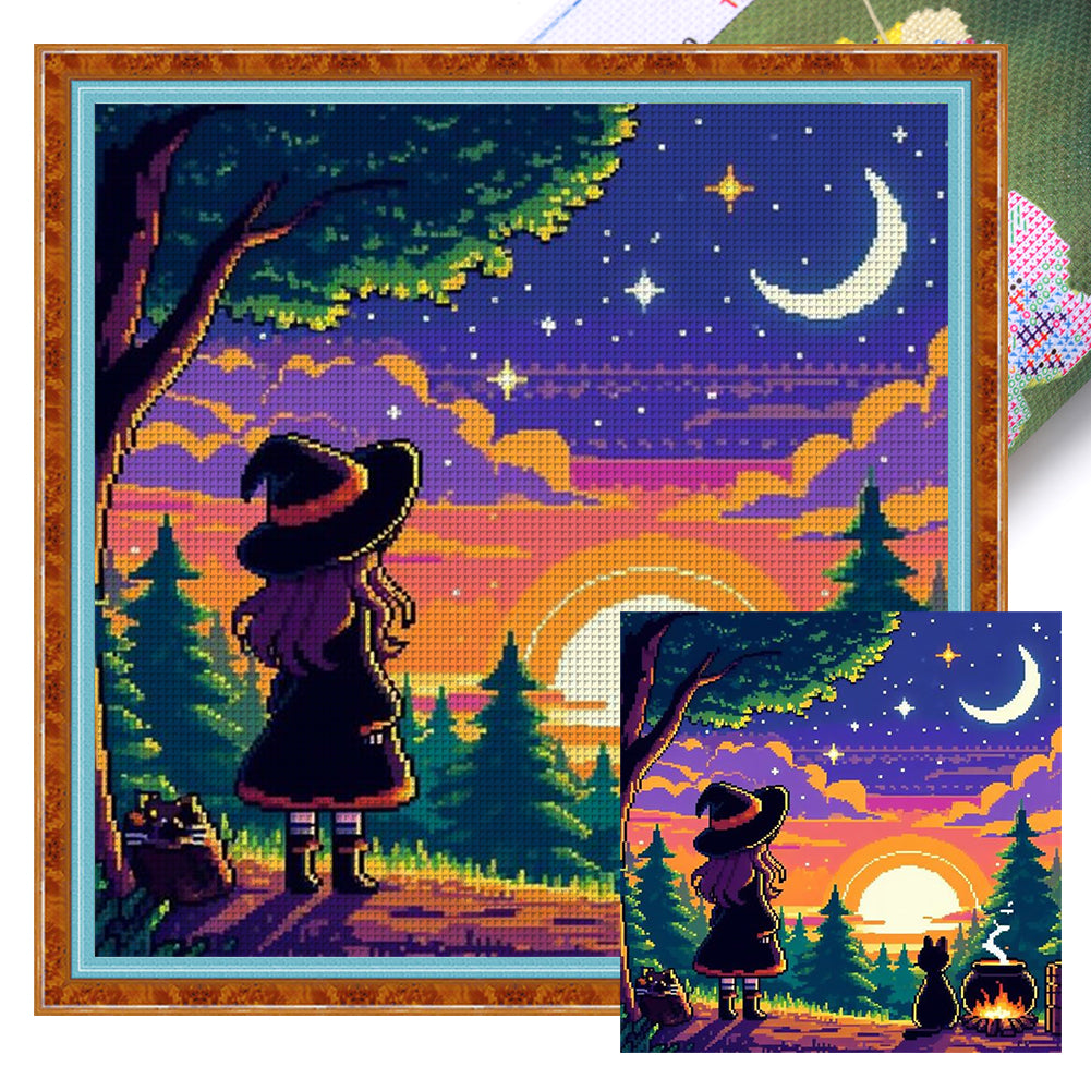 Witch And Cat In The Moonlight - 45*45CM 11CT Stamped Cross Stitch