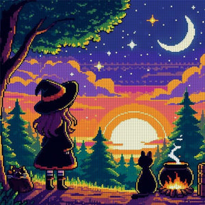 Witch And Cat In The Moonlight - 45*45CM 11CT Stamped Cross Stitch