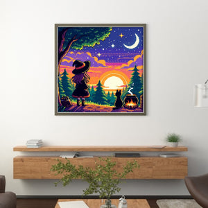 Witch And Cat In The Moonlight - 45*45CM 11CT Stamped Cross Stitch