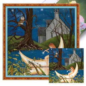 Girl And Owl In The Moonlight - 45*45CM 11CT Stamped Cross Stitch