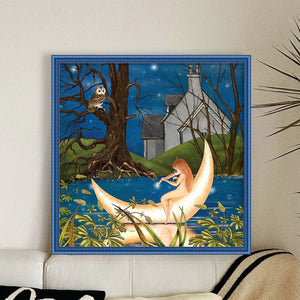 Girl And Owl In The Moonlight - 45*45CM 11CT Stamped Cross Stitch