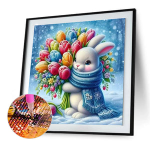 Bunny Holding Flowers In The Snow 30*30CM(Canvas) Full Round Drill Diamond Painting