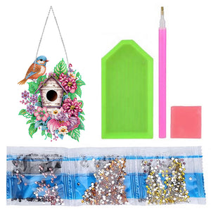 Single Side 5D Diamond Painting Dots Pendant Wall Decor (Flower Bird Cage KJ091)