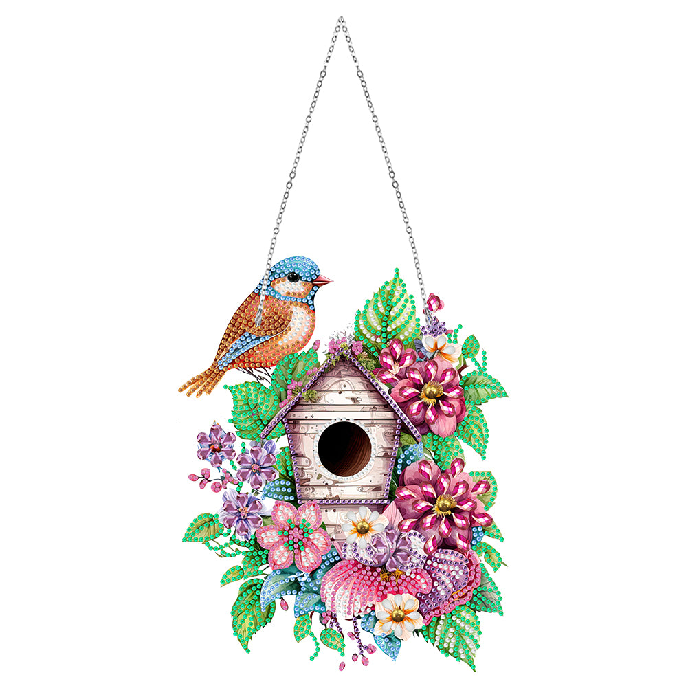 Single Side 5D Diamond Painting Dots Pendant Wall Decor (Flower Bird Cage KJ091)