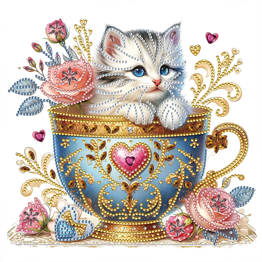 Blue Cup Kitten 30*30CM(Canvas) Partial Special Shaped Drill Diamond Painting