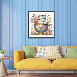 Blue Cup Kitten 30*30CM(Canvas) Partial Special Shaped Drill Diamond Painting