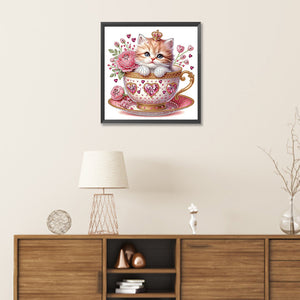 White Cup Kitten 30*30CM(Canvas) Partial Special Shaped Drill Diamond Painting