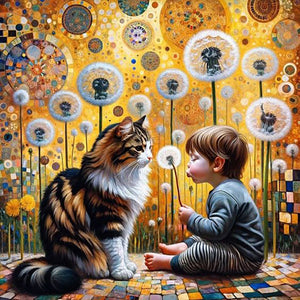 Cat, Dandelion And Child 30*30CM(Canvas) Full Round Drill Diamond Painting