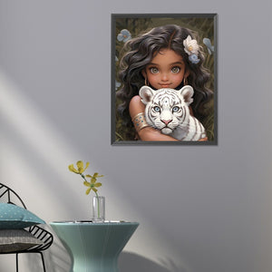 Girl And White Tiger 40*50CM(Canvas) Full Round Drill Diamond Painting