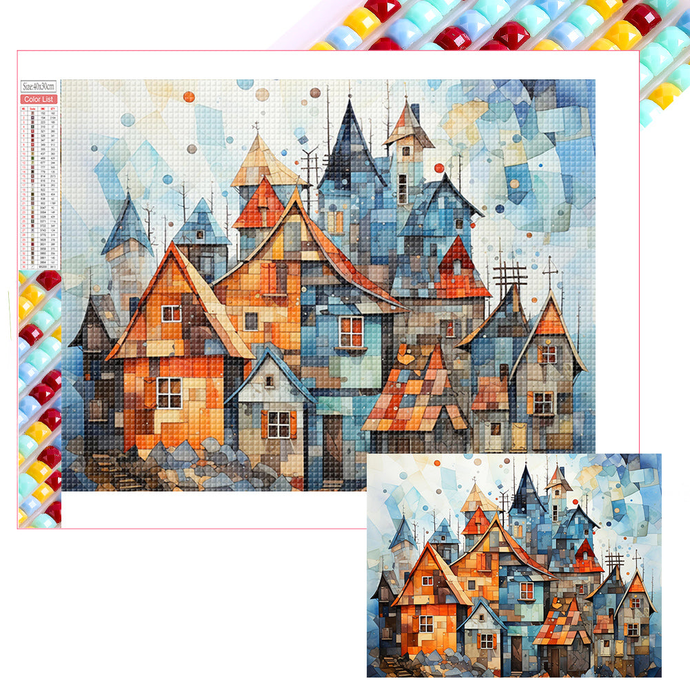 Colorful Lattice House 40*30CM(Picture) Full Square Drill Diamond Painting