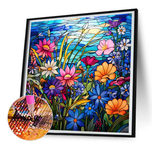 Glass Painting Colorful Flowers 30*30CM(Canvas) Full Round Drill Diamond Painting