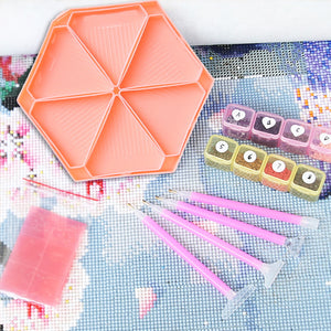 Large Capacity DIY Hexagonal Diamond Painting Tray Kit with Spoon Brush (Pink)