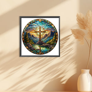 Cross Nature Landscape Glass Painting 30*30CM(Canvas) Full Round Drill Diamond Painting