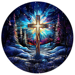 Cross Aurora Landscape Glass Painting 30*30CM(Canvas) Full Round Drill Diamond Painting