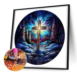 Cross Aurora Landscape Glass Painting 30*30CM(Canvas) Full Round Drill Diamond Painting