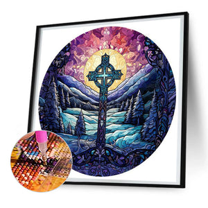 Cross Snow Landscape Glass Painting 30*30CM(Canvas) Full Round Drill Diamond Painting