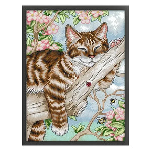 Lazy Cat In Tree - 22*31CM 14CT Stamped Cross Stitch(Joy Sunday)