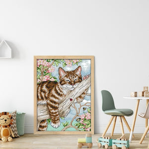 Lazy Cat In Tree - 22*31CM 14CT Stamped Cross Stitch(Joy Sunday)