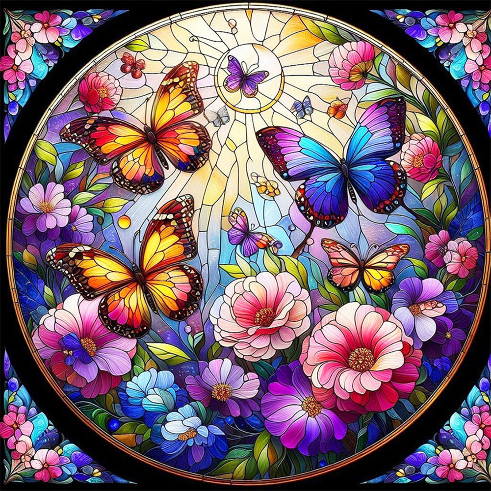 Glass Wind Butterfly And Flower 30*30CM(Canvas) Full Round Drill Diamond Painting