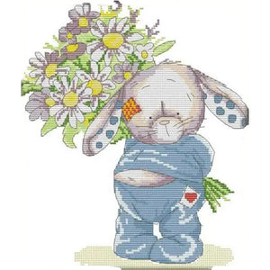 Rabbit Presents Flowers(1) - 28*32CM 14CT Stamped Cross Stitch(Joy Sunday)