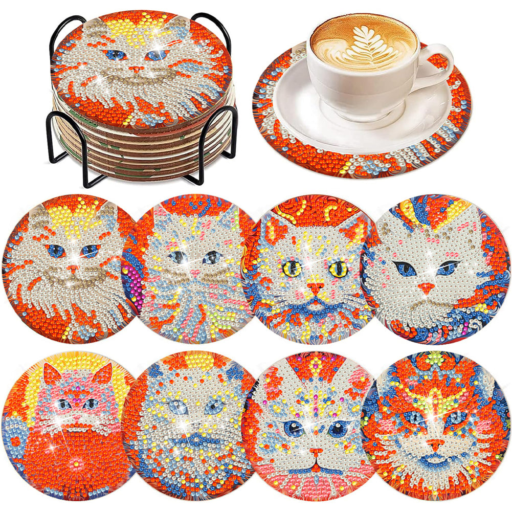 6/8 Pcs Diamond Art Coasters Art Flower Cat Egg Heart Coasters Kit with Holder