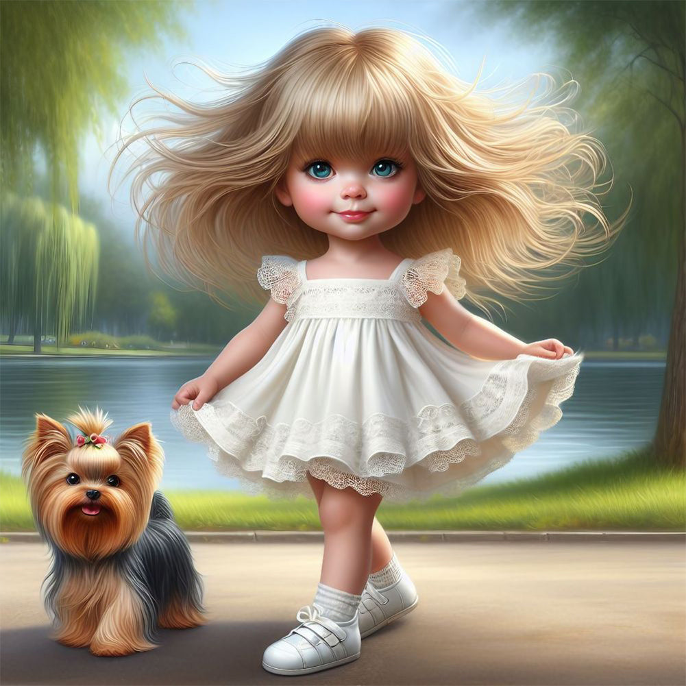 Girl And Puppy 30*30CM(Canvas) Full Round Drill Diamond Painting