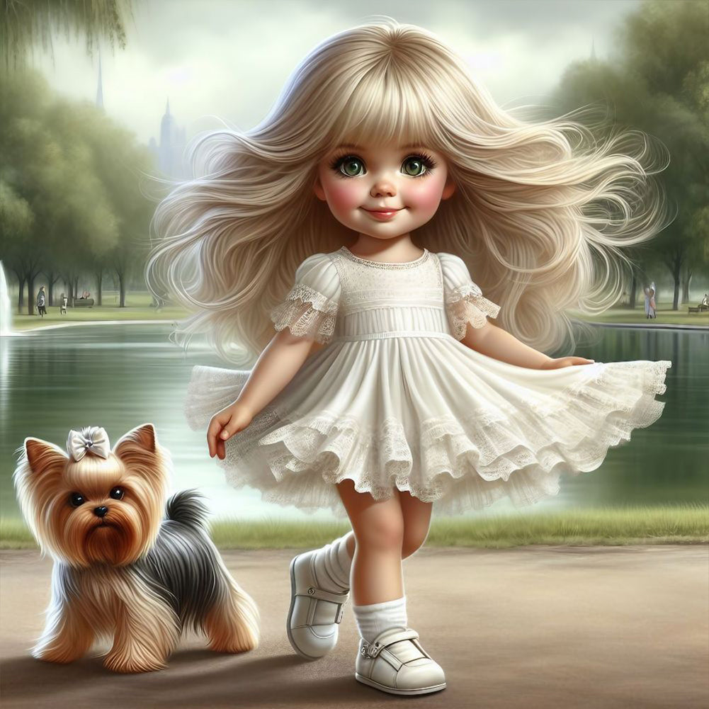 Girl And Puppy 30*30CM(Canvas) Full Round Drill Diamond Painting