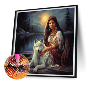 Indian Beauty And Wolf 30*30CM(Canvas) Full Round Drill Diamond Painting