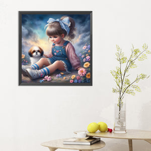 Little Girl And Puppy In The Garden 30*30CM(Canvas) Full Round Drill Diamond Painting