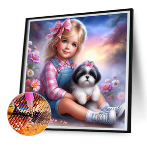 Little Girl And Puppy In The Garden 30*30CM(Canvas) Full Round Drill Diamond Painting