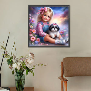 Little Girl And Puppy In The Garden 30*30CM(Canvas) Full Round Drill Diamond Painting