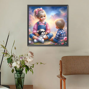 Little Girl And Puppy In The Garden 30*30CM(Canvas) Full Round Drill Diamond Painting