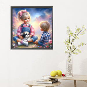 Little Girl And Puppy In The Garden 30*30CM(Canvas) Full Round Drill Diamond Painting