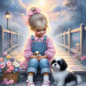 Little Girl And Puppy In The Garden 30*30CM(Canvas) Full Round Drill Diamond Painting