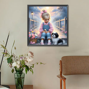 Little Girl And Puppy In The Garden 30*30CM(Canvas) Full Round Drill Diamond Painting