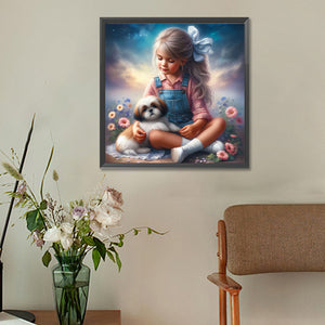 Little Girl And Puppy In The Garden 30*30CM(Canvas) Full Round Drill Diamond Painting