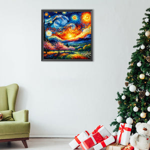 Colored Lead Painting Of Starry Sky And Countryside 40*40CM(Canvas) Full Round Drill Diamond Painting