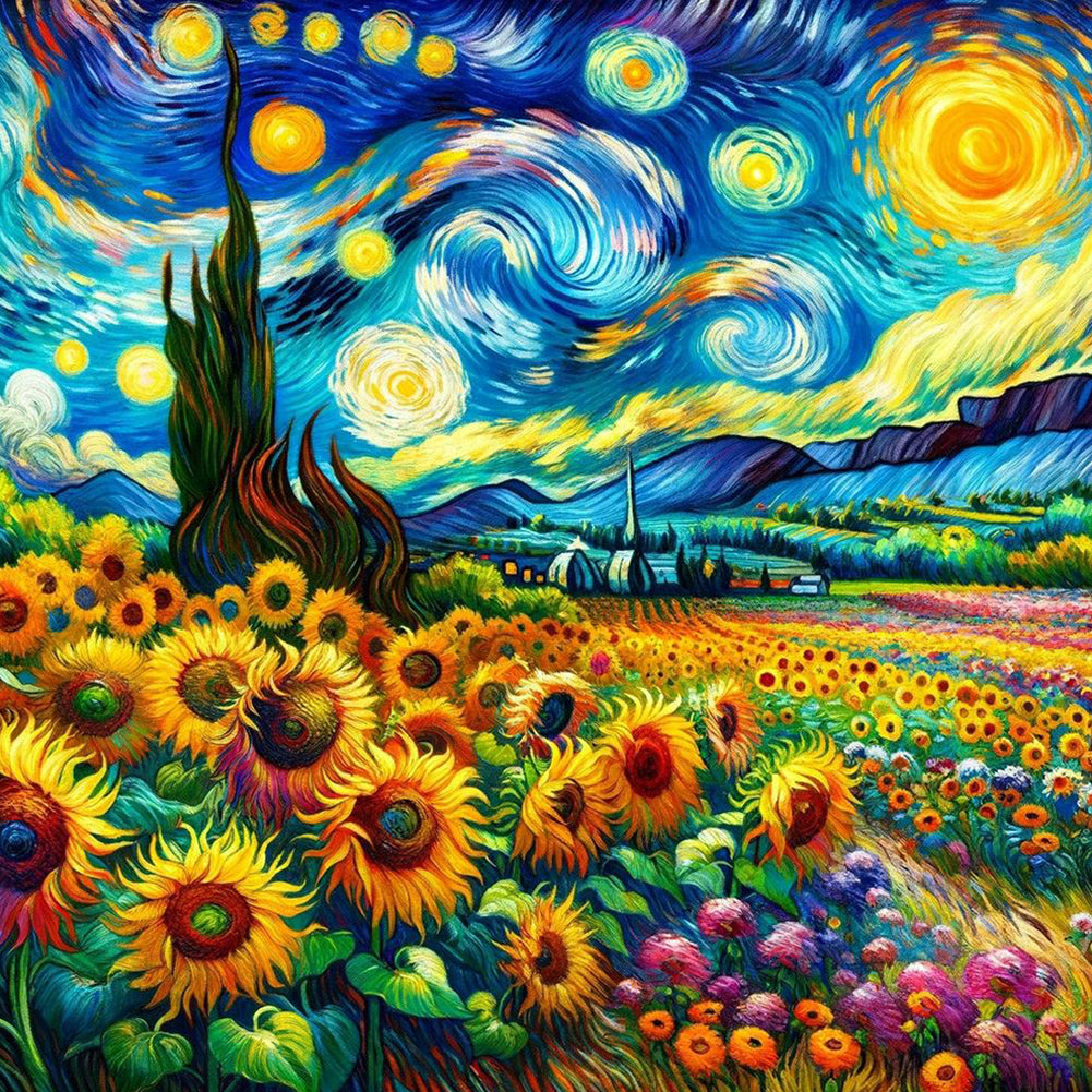 Colored Lead Painting Of Flower Field And Starry Sky 40*40CM(Canvas) Full Round Drill Diamond Painting