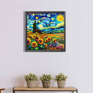 Colored Lead Painting Of Flower Field And Starry Sky 40*40CM(Canvas) Full Round Drill Diamond Painting