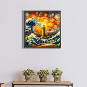 Colored Lead Painting Of Lighthouse On The Sea 40*40CM(Canvas) Full Round Drill Diamond Painting