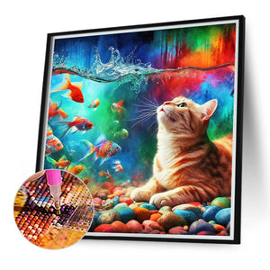 Goldfish And Orange Cat 40*40CM(Canvas) Full Round Drill Diamond Painting