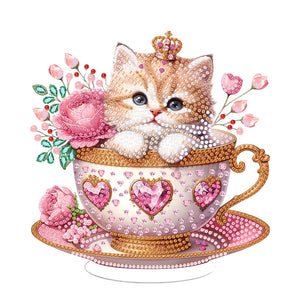 Special Shape Single-Side Cute Cat in Cup Desktop Diamond Art Kit for Home Decor