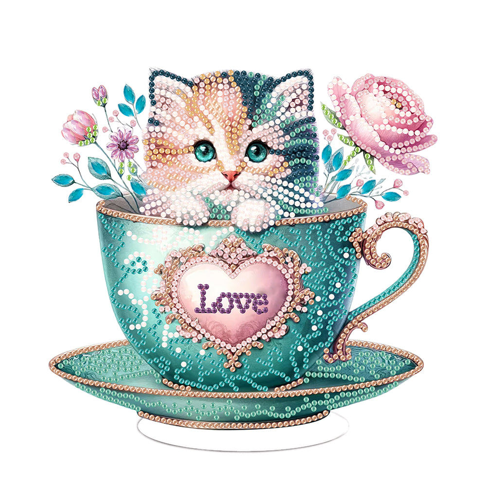 Special Shape Single-Side Cute Cat in Cup Desktop Diamond Art Kit for Home Decor