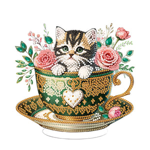 Special Shape Single-Side Cute Cat in Cup Desktop Diamond Art Kit for Home Decor