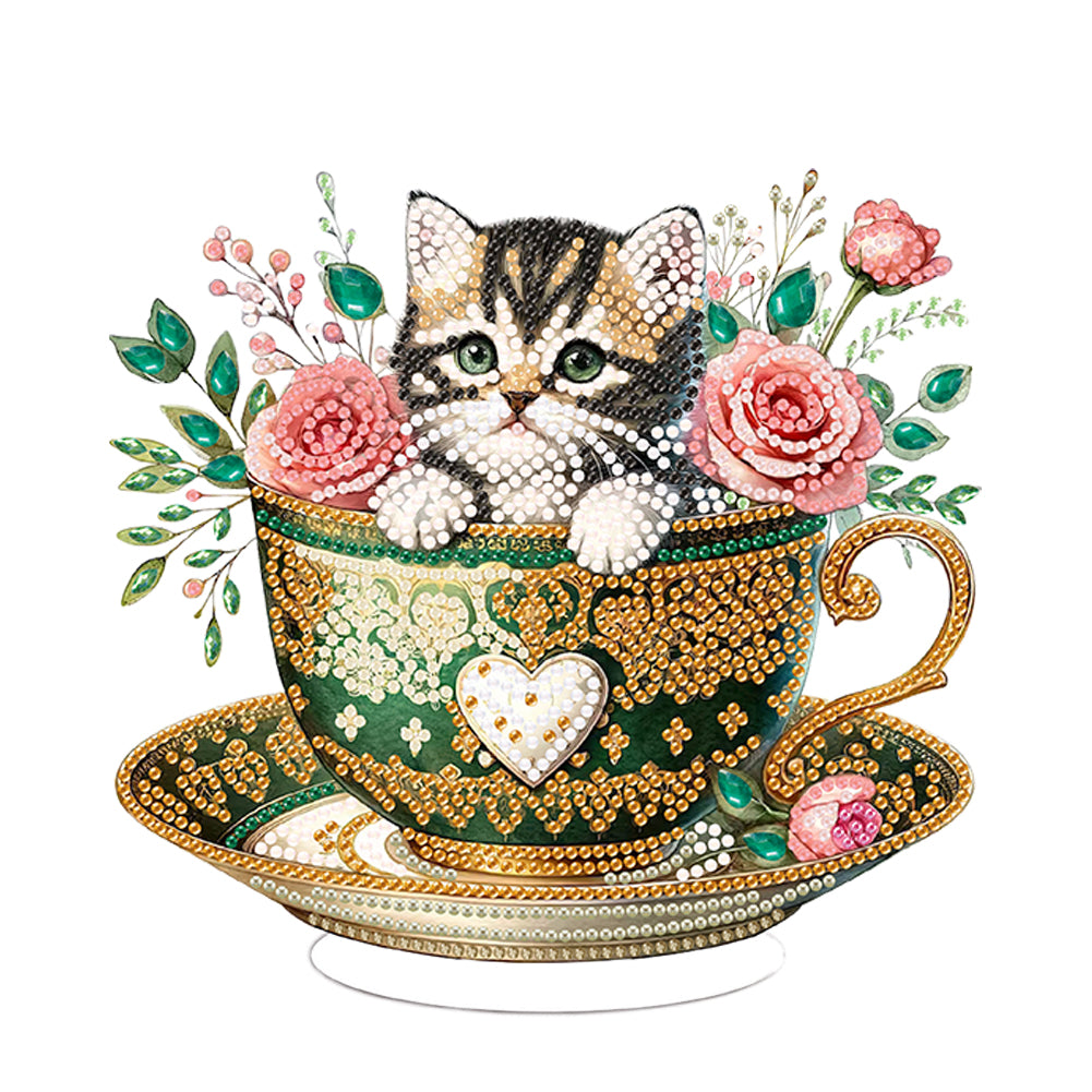 Special Shape Single-Side Cute Cat in Cup Desktop Diamond Art Kit for Home Decor